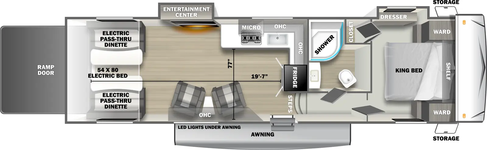 The 3300SLT fifth wheel has 2 slide outs on the off-door side, 1 entry door and 1 rear ramp door. Exterior features include an awning with LED lights and front opposing side storage access. Interior layout from front to back includes front bedroom with foot-facing King bed, shelf over the bed, front corner wardrobes, front facing closet and off-door side slideout holding a dresser; off-door side bathroom with radius shower, toilet and single sink vanity; 3 steps down into the kitchen area with off-door side L-shaped countertop, stovetop, L-Shaped overhead cabinets, sink and rear facing refrigerator; 2 door side recliners with end table; ceiling fan; off-door side slideout holding and entertainment center; and rear 54 x 80 electric bed over electric pass-through dinette. Cargo length from rear of unit to refrigerator is 19 ft. 7 in. Cargo width from countertop to door side wall is 77 inches.